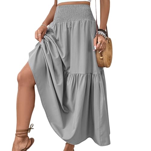 Women's Summer Floral Maxi A-Line Boho Skirt, Summer for Women 2025 Vacation Boho Floral Tiered (10,Grey)