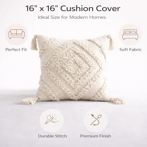 Image of SILK & YANA 16x16 Cotton Cushion Covers Set of 5 | Hand-Tufted Decorative Throw Pillow Covers with Boho, Geometric & Textured Designs | Tassel-Trimmed Covers for Sofa | Cream