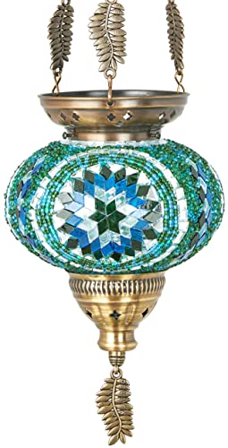 Demmex Turkish Moroccan Colorful Mosaic Bohemian Boho Hanging Candle Holder Lantern With Handmade Colorful Glass Globe And Metal Leaf Chains, 24" (Cutsie) #TOP26