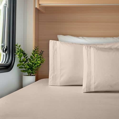 Image of Elegant Comfort Luxurious 1500 Premium Hotel Quality Microfiber Three Line Embroidered Softest 4-Piece Bed Sheet Set, Wrinkle and Fade Resistant, RV Short Queen, Cream