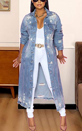 Chouyatou Women'S Spring Fashion Ripped Holes Maxi Long Denim Jacket Trench Coat thumb #3