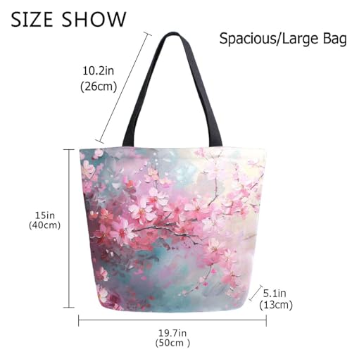 Chic Extra Large Shoulder Grocery Tote Bag, Painting Art Cherry Blossom Flowers Canvas Daily Handle Bag for Gym Yoga Weekender Beach Travel Picnic Kitchen Reusable Market Shopping4