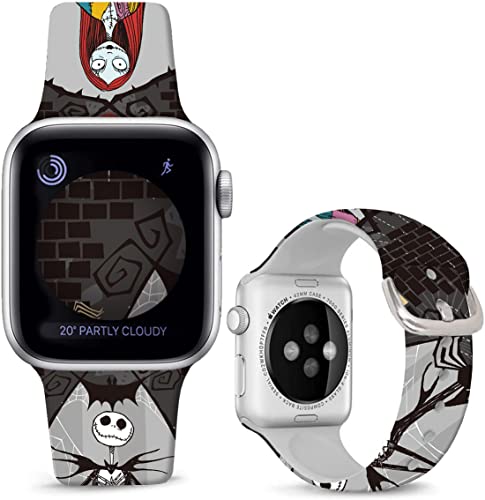 Sjiangqiao Compatible with Apple Watch Bands Halloween Sally/Jack Skellington 38mm 40mm 41mm Cartoon Band Replacement Strap Soft Silicone Chic Cartoon Design Pattern Sports Bands for iWatch Series SE 9 8 7 6 5 4 3 2 1 Men Women (Black-Halloween Jack&Sally, 41/40/38mm)
