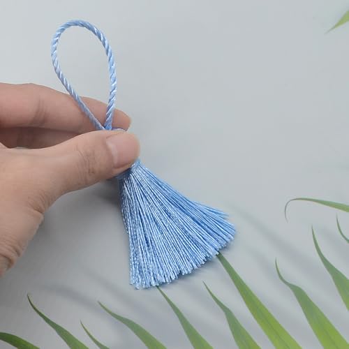 Image of Makhry 20pcs 4.3 Inch Handmade Silky Floss Mini Tiny Craft Tassels with 2-Inch Cord Loop and Small Chinese Knot for Earrings, Souvenir, Bookmarks, DIY Craft Accessory,Tags (Sky Blue)