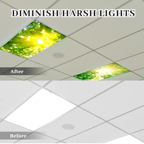 Image of ROCEEI Pack of 4 Fluorescent Light Covers for Ceiling Lights, 4 x 2 Ft, Magnetic Light Covers for Classroom Office Home School Ceiling Decor(Fresh Leaves)