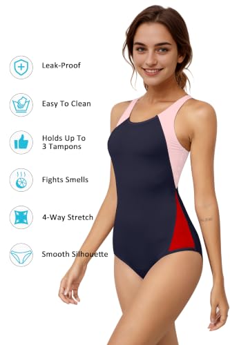 Image of Beautikini Period Swimwear One Piece Leakproof Menstrual Swimsuit Racerback Color Block Bathing Suit for Teen Girls Women