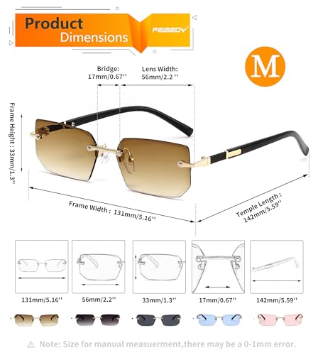 Image of FEISEDY Rimless Sunglasses Y2K Retro Small Narrow Clear Eyewear Vintage Rectangle Sunglasses for Women Men B2643