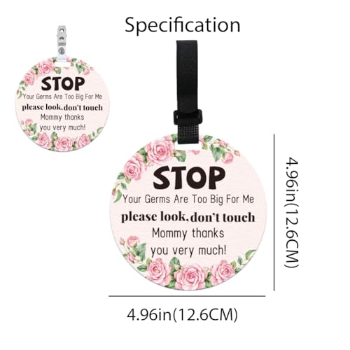 Image of 2 Pack Rose Flower Style Do Not Touch Signs Greenery Stop No Touching Car Seat Sign Stroller Tag with Hanging Strap and Clip Durable Car Safety Signs Tags for Car Accessories 5 Inches
