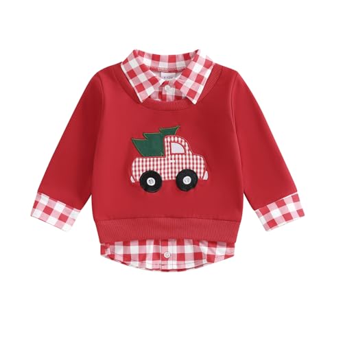 Toddler Boy Halloween Clothes Baby Christmas Outfits Pumpkin/Truck Embroidery Long Sleeve Plaid Fall Sweatshirt