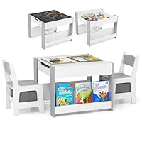 Maxmass 4 in 1 Toddler Table and Chair, Wooden Children Activity Table with Dual-sided Tabletop, Storage Bins, 3 PCS Kids Desk and Chair for Learning Playing Drawing (White+Grey, 61x61x48cm)