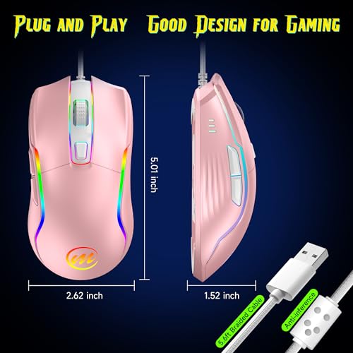 Image of memzuoix Wired Gaming Mouse with RGB - 6 Adjustable DPI up to 12800, 6 Buttons, 12 Lighting Modes, Ergonomic Design with Anti-Slip Rubber Wheel, 5.6ft Braided Cable for PC /Mac /Windows - Pink