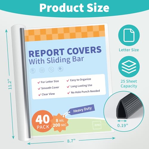Image of Heavyduty Clear Report Covers with Sliding Bars, 25 Sheet Capacity, 40 Pack | Clear Report Covers for A4 and Letter Size, 5mm Bars, 8 Mil Thick, Black, for Resumes, Presentations, School and Business