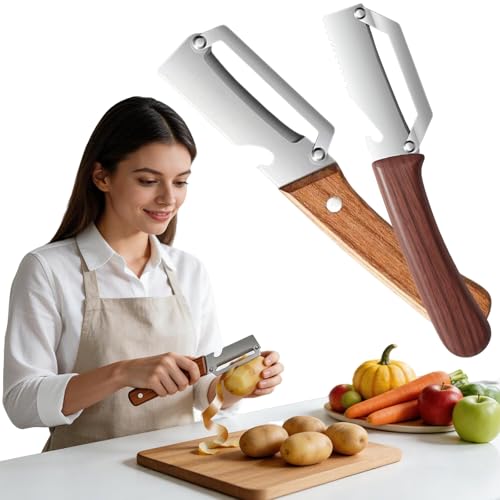 Multifunktionaler Gemüseschäler aus Edelstahl und Naturholz mit Julienne-Klinge und Flaschenöffner ergonomischer Holzgriff für Obst und Gemüse (2 Extra breit)
