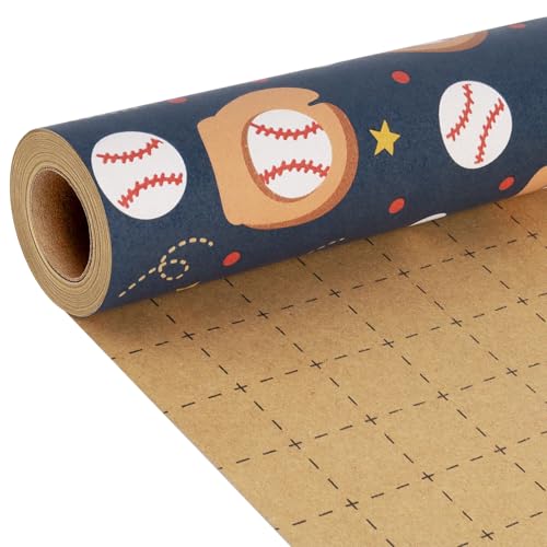 BIOBROWN Baseball Kraft Wrapping Paper for Kids - 17 Inches X 33 Feet (47 sq. ft. ttl.) - Sports Wrapping Paper Baseball Glove and Ball Design Birthday Gift Wrap for Baby Shower Birthday Party Holiday Boys Girls
