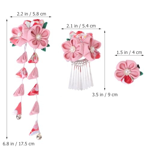 Lurrose clips para el cabello japoneses estilo kimono con flores, set de 3 piezas rosa metálico para mujer miniatura 6