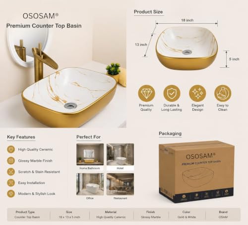 Image of OSOSAM Premium Designer Table Top Ceramic Wash Basin /Vessel Sink with Slim Rim for Bathroom (18 x 13 x 5.5 Inch) (OS-159)