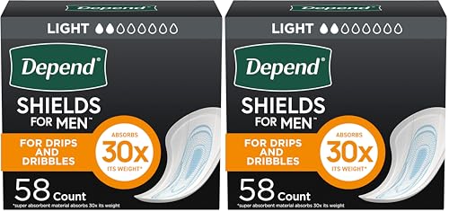 Depend Incontinence/Bladder Control Shields, Incontinence Pads for Men, Light Absorbency, 58 Count (Packaging May Vary) (Pack of 2)
