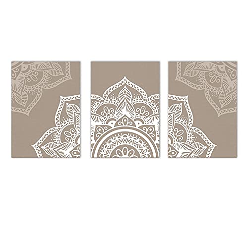 Peinture Islamique Mandala Beige Bohême en Lot de 3 Toiles Modernes 50x70cm sans Cadre