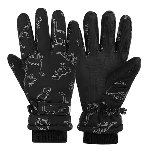 LPMOERA Kids Gloves Winter Toddler Snow Waterproof Gloves Kids Mittens for Boys Girls Ski Glove Warm Thermal Fleece Black Dinosaur M (7-9T)