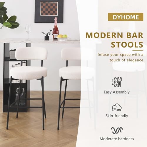 DYHOME Bar Stools Set of 6, White 28 Inches Boucle Counter Height Bar Stools with Back, Modern Upholstered Barstools with Back, Tall Barstools with Metal Legs for Kitchen Island