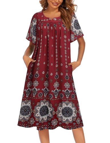 Image of Ekouaer Womens Nightgown Short Sleeve House Dress with Pockets-Floral Print Mumu Dress