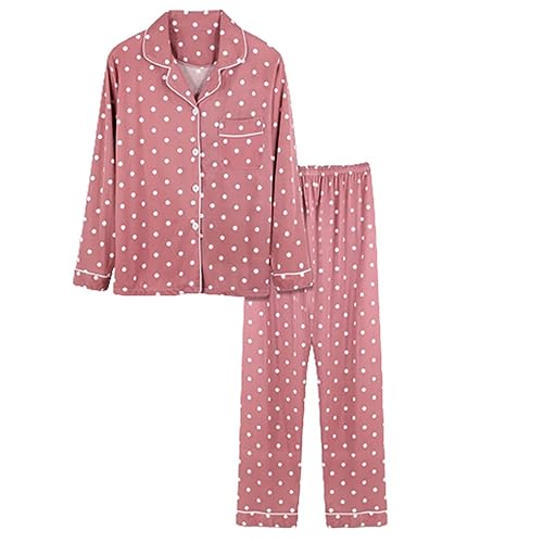 Women's 2-Piece Cotton/Flannel Pajama Set - Long Sleeve Button-Down Shirt & Pants, Soft Plaid Lounge Sleepwear with Pockets(Pink, XXL)