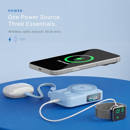 Image of URBN 10000mAh Flux Qi2 MagSafe Power Bank with Ai Powered Smart TFT Display | 15W Magnetic Fast Wireless Charging | 20W USB-C in-Built Cable for Charge & Recharge | Travel Friendly (Black)