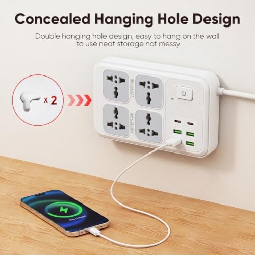 Image of Power Strip with 4 Universal Sockets with Child Security + 4 USB Ports + 2 Type-C Port, High Temperature Fuse Protector, 1500W with 2 Meter Cable, Wall Mountable Multi Plug for Home - White