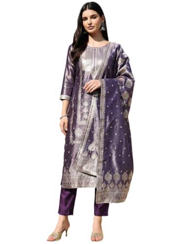 Image of INDO ERA Women's Purple Silk Blend Woven Design Straight Kurta and Pant with Dupatta Set (IESTR5599)