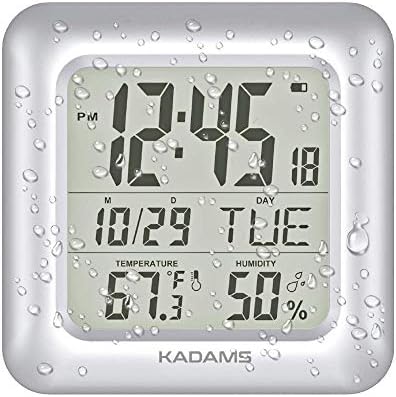 KADAMS Bathroom Digital Clock with Large LCD Screen - Shower Wall Clock with Timer - Water Resistant - Temperature & Humidity Display - Calendar Display - 4 Mounting Options (Silver)
