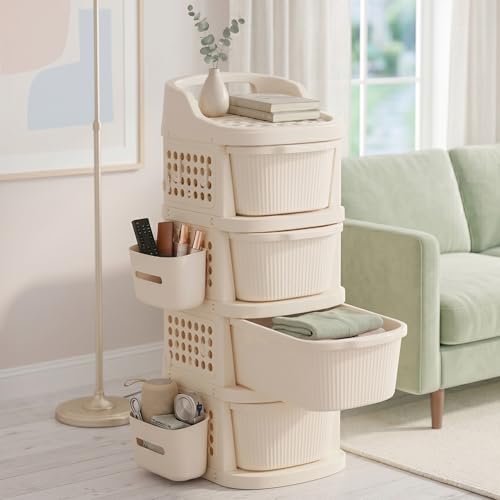 Image of TEX-RO 4 Layer Plastic Drawer Cabinet with Wheels & Side Hooks | Stackable Storage Trolley Organiser for Kitchen, Bedroom, Bathroom | Multipurpose Drawers Organisers Rack with Basket - Ivory