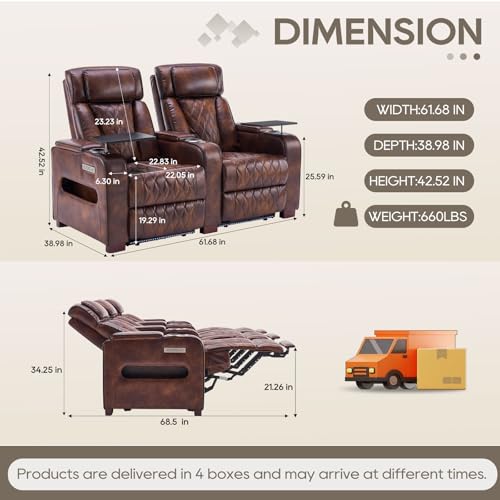 Image of Luxury Home Theater Seating - Power Recliner with Adjustable Headrests, Blue LED Ambient Lighting, Tray Table, USB & Type-C Charging (Light Brown,2 Seat)