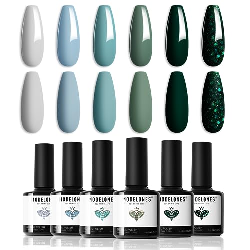 Modelones Gel Nail Polish Set - 6 Colors Misty Gray Dark Green Glitter Gel Polish Kit Sage Green Baby Blue Nail Gel Polish Soak Off LED Nail Lamp Gel Nail Kit DIY Fall Winter Christmas Nails Mani Gift