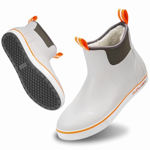 Furuian Men's Deck Boots with Fuzzy Lining Rubber Boots for Men Ankle Fishing Boots Mens Rain Boots Anti-slip Warm Winter Boots Watereproof Snow Boots for Fishing, Gardening, Outdoor, Grey