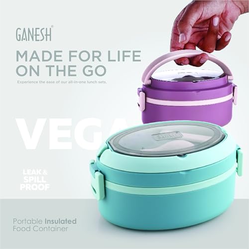Image of Ganesh 1 Compartment Vega Portable Insulated Food Container with Attractive Spoon - Airtight Leak-Proof Lunch Box for Office, School, Picnic - 400ml Peach
