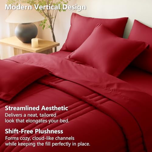 Image of CozyLux Full Size Comforter Sets Dark Red - 7 Pieces Bed in a Bag, Modern Vertical Quilted Room Decor, Soft All-Season Bedding Gift with Comforter, Sheets, Pillowcases & Shams