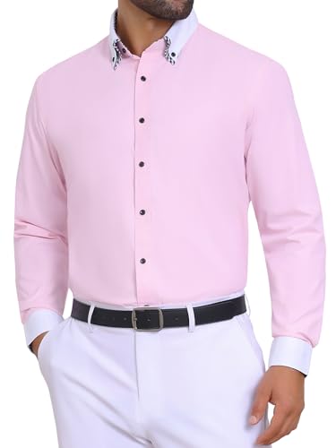 Men's Contrasting Colors Collar Long Sleeve Button Down Formal Business Dress Shirts