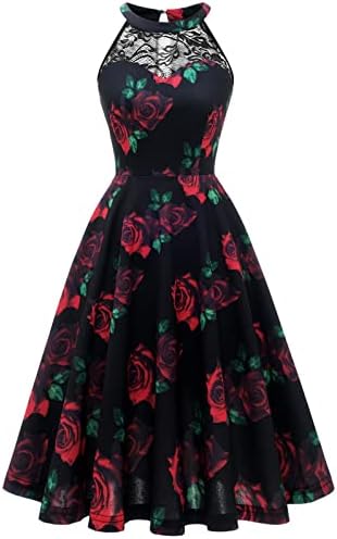 Bbonlinedress Plus Size Vintage Cocktail Prom Dress Fit and Flare Floral Summer Casual Wedding Guest Rockabilly Dress Black Rose 3XL