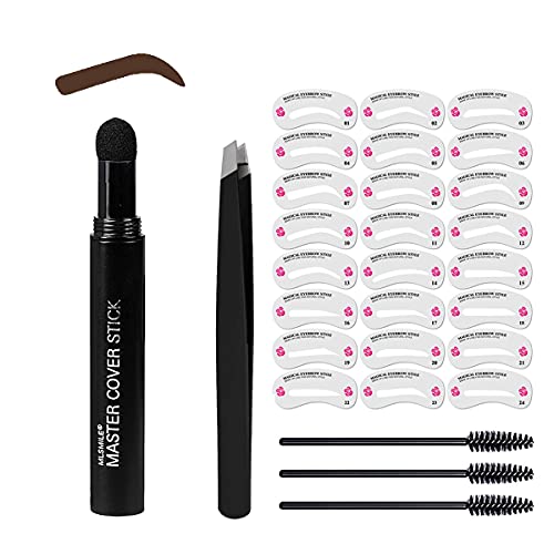 Eyebrow Stamp Stencil Kit, 29 in 1 One Step Eyebrow Stamp Shaping Kit with Eyebrow Tweezer, Long Lasting Waterproof Brow Powder 24 Styles Reusable Stencils Professional Makeup Tool (Brown)