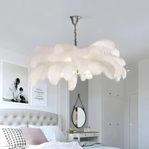 Image of Harold Electricals Modern White Ostrich Plumes Chandelier |Creative Feather Dulight Ceiling Pendant Light for Bedroom Living Room Dining Area Cafe Hotel Photography Prop -Bulb Included