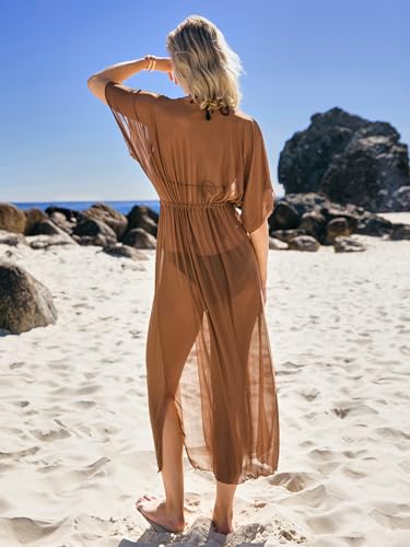 OYOANGLE Women's Kimono Swimsuit Cover Up Half Sleeve Tie Waist Flowy Long Beach Cardigans Swimwear2