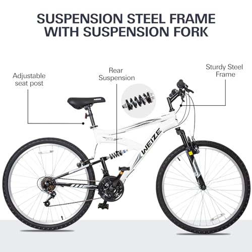 WEIZE Mountain Bike, 26/27.5 inch Outdoor Cycling Bike,18-Speed/High-Carbon Steel/Dual Full Suspension, Adjustable Ergonomic Seat for Men Women Adult, MTB Bicycle with Suspension Fork,Sleek Colors