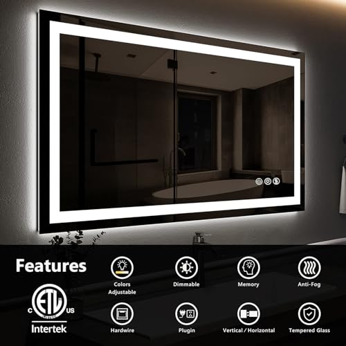 ROOMTEC 48 x 36 Inches LED Bathroom Mirror with Front and Backlit,Anti-Fog,3 Colors and Dimmable Light(Horizontal/Vertical), Silver