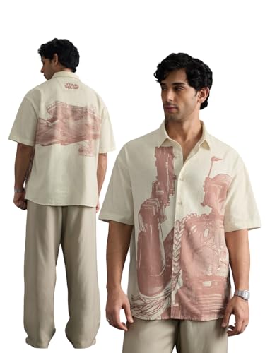 Image of The Souled Store Star Wars: Far Far Away Men and Boys Short Sleeve Spread Collar Light Beige Printed Casual Streetwear Drop Shoulder Cotton Oversized Shirt