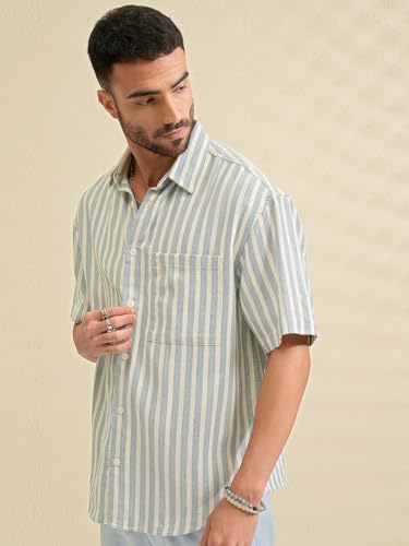 Image of Locomotive Men's Oversized Shirts | Striped | Half Sleeves | Spread Collar | Casual Shirts | Stylish Shirt