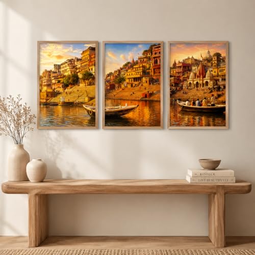 Image of Livin'luxe Set of 3 Banaras Ghat Wall Paintings for Living Room Bedroom Hallway Home Decor with Premium Wooden Color Synthetic Frame (25.5 x 19.5 Inch) NM03-62