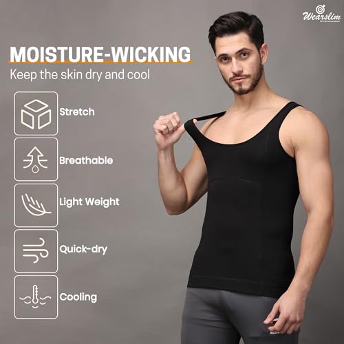 Image of Wearslim Premium Men's Super Combed Cotton Elastene Stretch Fabric Tummy Tucker Vest for Man with Extended Length for Easy Tuck | Gynecomastia Compression Body Shaper Vests for Men (Pack of 2 - B&W)