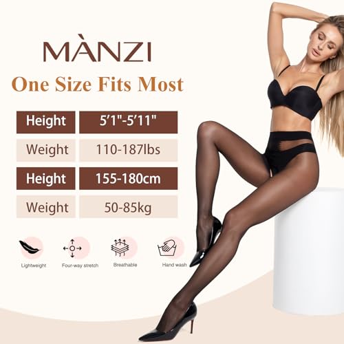 MANZI Sheer Pantyhose for Women 30 Denier Sheer to Waist Tights High Waist Suspender Stockings (1 Black + 1 Natrual, One Size) by MANZI - Used condition - Image 6