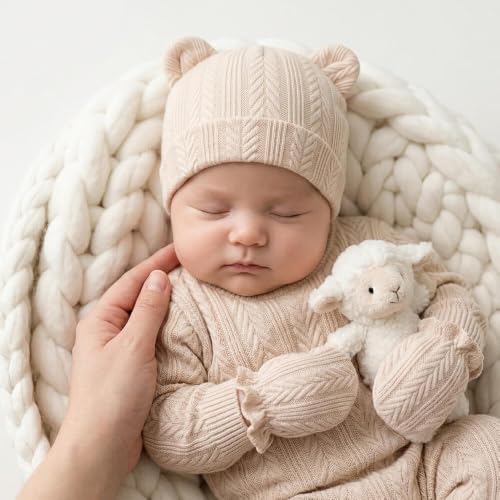 Image of BQUBO Newborn Baby Hats Bear Ears and Mittens Sets Preemie Caps Baby Boy Girl Infant Hospital Beanie for 0-3 Months