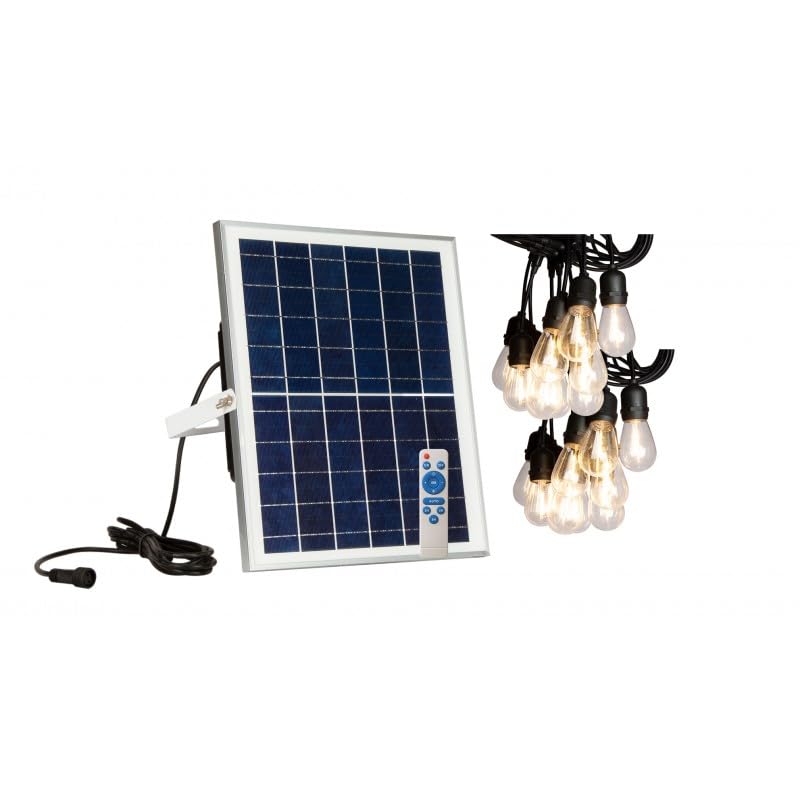 Jandei - Guirnalda Solar Exterior 20 Bombillas ST64 E27, Panel Solar 35x23cm Separado y 20 Metros con Mando Incluido. Blanco Cálido 3000K,Impermeable Cadena de Luces para Jardín, Patio, Negocio...